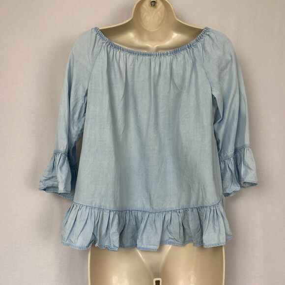 Sanctuary Top Womens XS Chambray Denim Ruffled Boho Bell Sleeve Feminine Blue - Picture 4 of 10